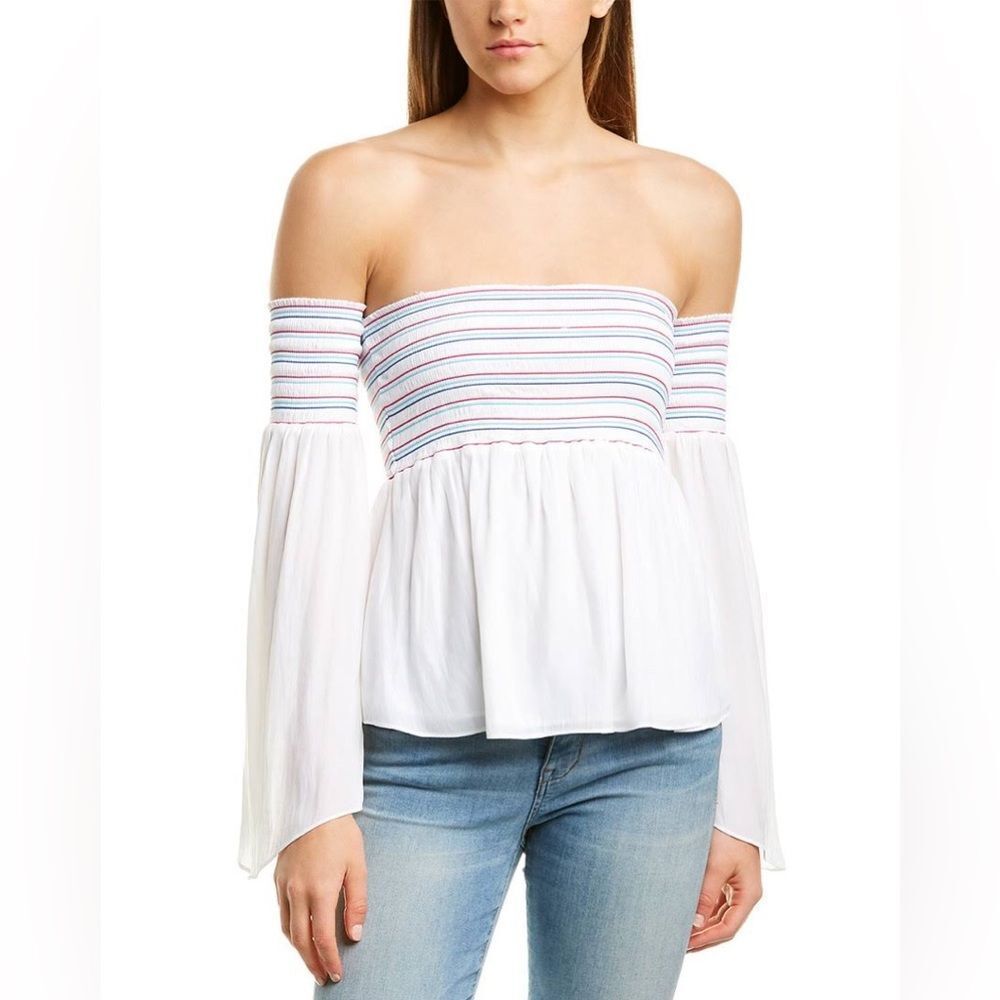 Ramy Brook White Off-Shoulder Top with Multicolor Stripes